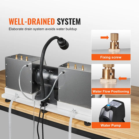 6 Inch Lapidary Cabbing Machine With 2 HP Motor, 1800 RPM Corded Rock Grinder Polisher With Built In Lamp And Water Pump, showing water system and pump