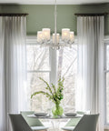 Modern Farmhouse 19 Inch 5 Light Chandelier In Brushed Nickel Finish With Frosted White Linen Glass Shades Contemporary Ceiling Fixture For Dining Room Or Entryway above dining table