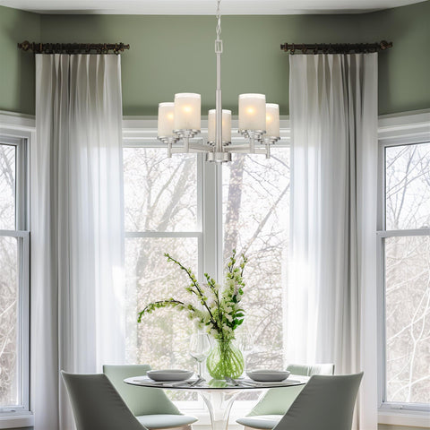 Modern Farmhouse 19 Inch 5 Light Chandelier In Brushed Nickel Finish With Frosted White Linen Glass Shades Contemporary Ceiling Fixture For Dining Room Or Entryway above dining table