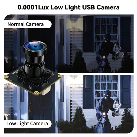 Comparison of Starvis USB Camera Module 0.001Lux Ultra Low Light H264 HDR 1080P security footage with 110 degree lens at night.