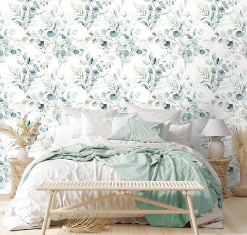 Peel And Stick Boho Wallpaper Green White Botanical Leaf Floral Wall Mural Vibe behind bed with green blanket