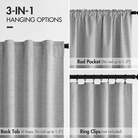 Light Grey 100 Percent Blackout Curtains, 2 Panels Set, 72 Inches Long by 52 Inches Wide Per Panel, hanging options shown