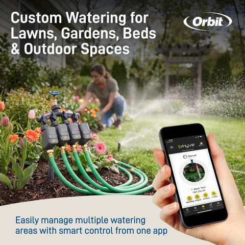 Gen 2 Smart Hose Watering Timer With Wi Fi Hub Four Pack Includes Hose Y Splitter on garden ground with app control