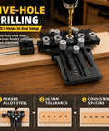 Heavy Duty 5 Hole Dowel Jig For Cabinet Crafting And Furniture Assembly Featuring Robust Alloy Steel Frame with measurement guides.