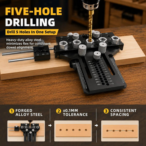 Heavy Duty 5 Hole Dowel Jig For Cabinet Crafting And Furniture Assembly Featuring Robust Alloy Steel Frame with measurement guides.