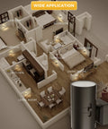 Model home layout with "Wide Application" label and Four Pack Plug In Night Lights With Dimmable Brightness placed throughout.