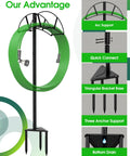 Heavy Duty Garden Hose Stand Freestanding In Ground Hose Rack Organizer For Outdoor Yard Holds Up To 150 Feet Of Hose With Round Tube Beefy Built To Last Rust Resistant Galvanized Fittings And Screws Black shown with green hose and support features