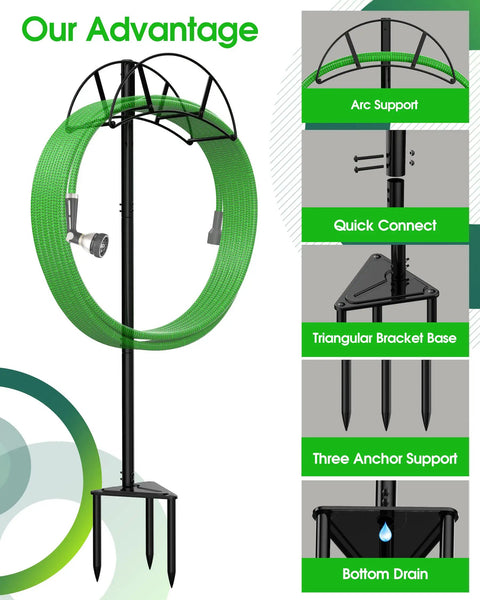 Heavy Duty Garden Hose Stand Freestanding In Ground Hose Rack Organizer For Outdoor Yard Holds Up To 150 Feet Of Hose With Round Tube Beefy Built To Last Rust Resistant Galvanized Fittings And Screws Black shown with green hose and support features