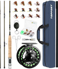 Complete Fly Fishing Gear Kit With Four Piece Rod And Pre Spool Reel Includes Twelve Flies Leader Nippers Forceps Zinger Carrying Case And An Extra Tip For A Ready To Fish Setup, showing all components.