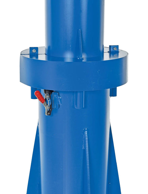 Close-up view of Straight Up Pro Grade Transportable Multi Station Jib Crane with manual hand brake and blue steel column.