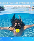 Woman wearing Full Face Diving Mask For Adults With Adjustable Silicone Straps, 180° Panoramic Snorkeling Mask, in swimming pool.