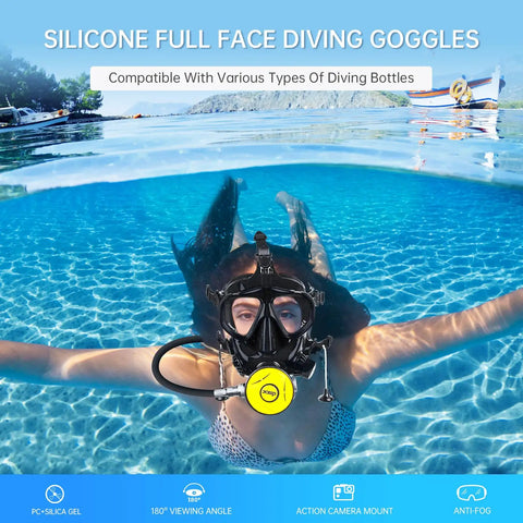 Woman wearing Full Face Diving Mask For Adults With Adjustable Silicone Straps, 180° Panoramic Snorkeling Mask, in swimming pool.