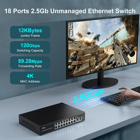 Setup showing Beefy Unmanaged 18-Port 2.5G Switch With Dual 10GBASE-T Ports, 120Gbps, connected to a monitor on a desk.