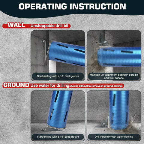 Instructional guide for using One And Three Eighths Inch Diamond Core Drill Bit With Eleven Inch Depth, Heavy Duty, Forty Five Percent Cobalt HRC Seventy Dry Core Bit, SDS Plus Hex Adapter, Five Eighths Eleven Thread, Laser Welded Segments For Concrete Masonry Brick Mortar on walls and ground.