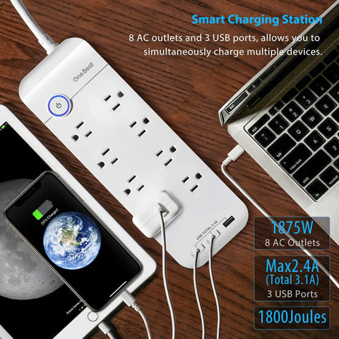Power Strip Surge Protector With Eight Outlets And Three USB Ports For Fast Charging, 6ft Flat Plug, devices plugged in
