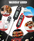 Image of Six Pack Instant Read Meat Thermometers With Long Probes Waterproof Digital Thermometer For BBQ Grilling And Home Cooking 9.65 Inch Probes in black and red, showcasing temperature readings for milk, coffee, ice cream, and cooked food.