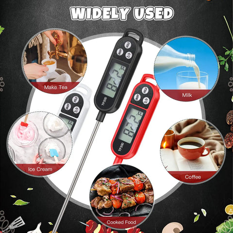 Image of Six Pack Instant Read Meat Thermometers With Long Probes Waterproof Digital Thermometer For BBQ Grilling And Home Cooking 9.65 Inch Probes in black and red, showcasing temperature readings for milk, coffee, ice cream, and cooked food.