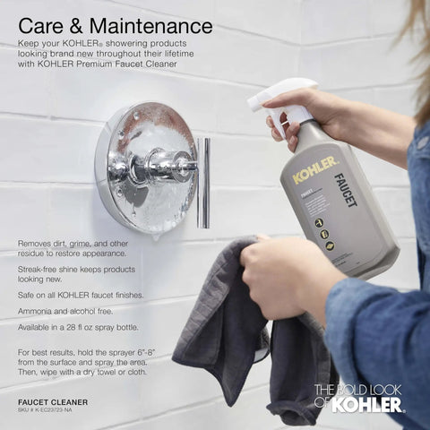 Person cleaning wall supply elbow with Kohler faucet cleaner and cloth.