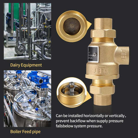 Front view of 1/2-inch brass backflow preventer with dual check valve and atmospheric vent; includes close-up mesh filter.