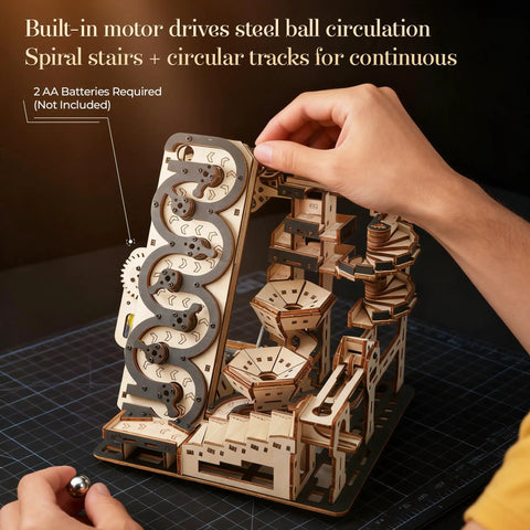 Electric Rolling Ball Maze Kit A 3D Wooden Puzzle For Adults And Teens, Mechanical Kinetic Art Building Set, DIY Brain Teaser Desk Decor For Home Office, Cool Gift For Ages 14 And Up, wooden maze with hand