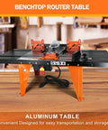 Total Game Changer Universal Benchtop Router Table With Premium Die Cast Aluminum Table Top Compatible With Any Router Up To Six Inch Base Plates For Tight Woodshop Grind on a workbench with clamps and power switch.