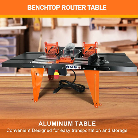Total Game Changer Universal Benchtop Router Table With Premium Die Cast Aluminum Table Top Compatible With Any Router Up To Six Inch Base Plates For Tight Woodshop Grind on a workbench with clamps and power switch.