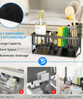Sink Caddy With Brush Holder And Self Drain Tray Rustproof Stainless Steel Organizer For Sponges Soaps And Dish Brushes Easy Drainage System Keeps Counter Dry And Clutter Free, showcasing large capacity and automatic drainage feature on kitchen counter.