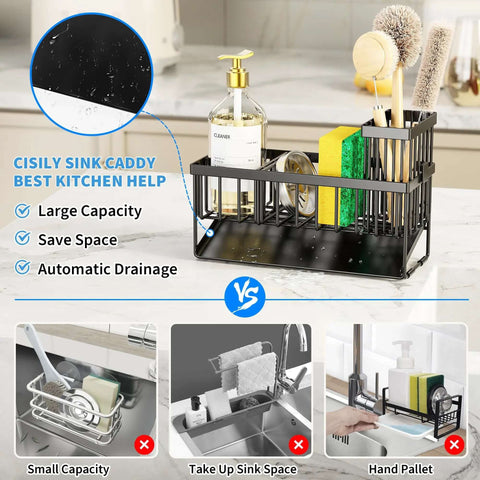 Sink Caddy With Brush Holder And Self Drain Tray Rustproof Stainless Steel Organizer For Sponges Soaps And Dish Brushes Easy Drainage System Keeps Counter Dry And Clutter Free, showcasing large capacity and automatic drainage feature on kitchen counter.