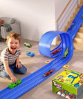 Child playing with Three Lane Flexible Race Track Toy Set with Roll Up Design, 16.4 feet, strong suction cups, 1:64 scale cars.