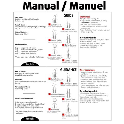 Instruction manual for Six Piece At Home Dental Hygiene Kit for Plaque and Tartar Removal in English and French.