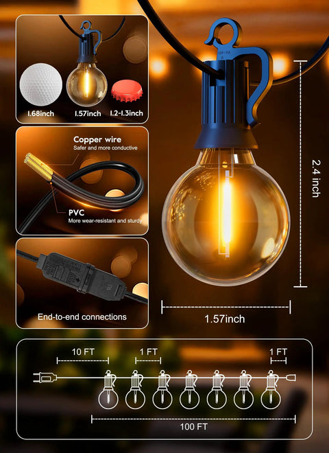 100 Ft Outdoor String Lights With 100 Plus 2 G40 LED Bulbs Shatterproof IP65 Waterproof Dimmable End To End Connectable diagram