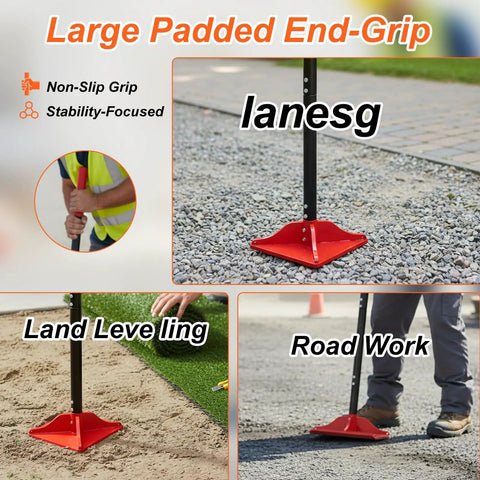 8 By 8 Inch Steel Tamper Tool With 48 Inch Handle for soil and gravel compacting, shown during driveway and landscaping tasks.