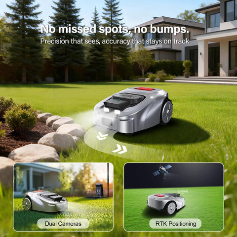 Next Level Robotic Lawn Mower With Vision AI And RTK Zero Edge Cutting navigating grass with dual cameras and RTK positioning.
