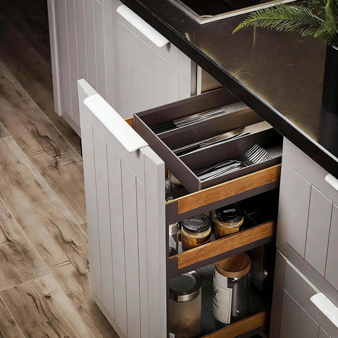 Two Pack Adhesive Edge Finger Pulls for Cabinets and Drawers on white cabinet doors, showcasing no drilling required installation.