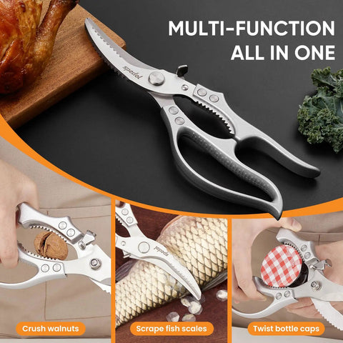 Heavy Duty Kitchen Scissors For Meat And Poultry, All Purpose Kitchen Shears With Serrated Edge For Scaling, Bone And Rib Cutting, Veggie Prep, Safe Lock, Durable, Reliable, Easy To Use, stainless steel shears open