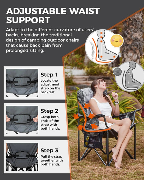 Woman sitting in Oversized Camping Chair With Adjustable Lumbar Support 550 lb Heavy Duty Padded Folding Chair outdoors