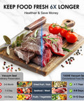 Comparison of vacuum seal preservation vs conventional storage with meats and vegetables on wooden board.