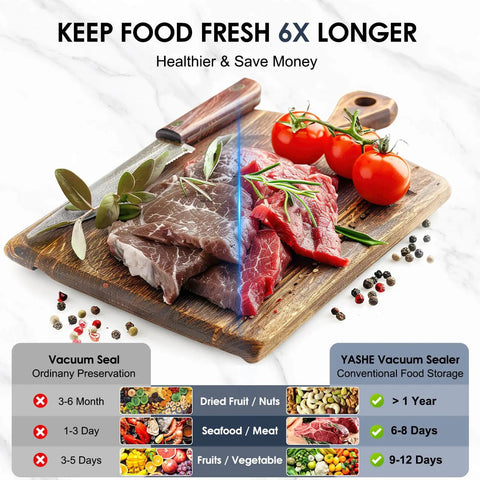 Comparison of vacuum seal preservation vs conventional storage with meats and vegetables on wooden board.