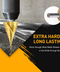 Front view of gold ROGAPER spiral groove step drill bit, 12-step HSS, 1/4" to 2-3/8", drilling metal