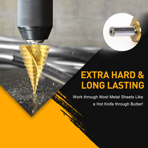 Front view of gold ROGAPER spiral groove step drill bit, 12-step HSS, 1/4" to 2-3/8", drilling metal