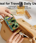 Person holding Slim Cat Themed RFID Wallet For Women Front Pocket Card Holder with Cute Black Cat Design, floral pattern.