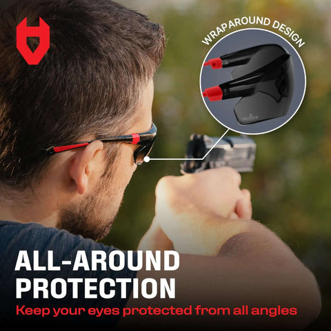 Person wearing Green Tinted Wraparound Safety Glasses With Adjustable Arms And No Slip Grips, UV 400 Protection, ANSI Z87.1 Rated.