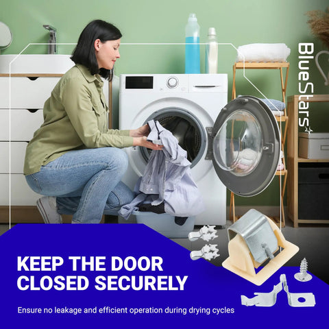 Woman using dryer with 2 Pack Dryer Door Latch Strike Kit 279570 Easy Install Fits GE Whirlpool Kenmore Kit shown on display.