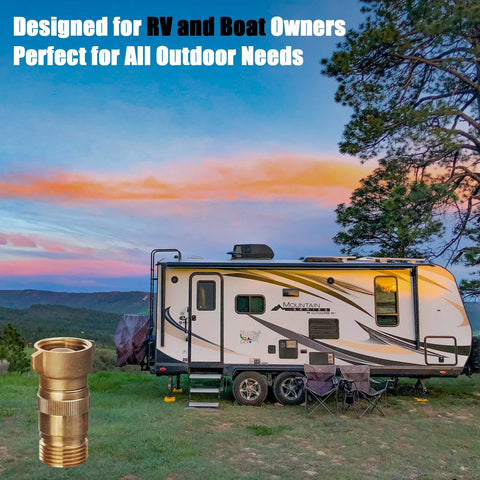 Brass RV water pressure regulator with filter, 3/4-inch GHT, pre-set 40–50 psi, shown beside a camper trailer.