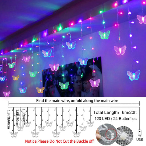 120 LED Butterfly Curtain Fairy Lights Lit USB Powered 6M 19.7ft With Remote Timer 8 Modes Waterproof Indoor Outdoor Decor