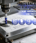 Carbide Square End Mill With Nano Blue Coating For Aluminum Copper Magnesium Alloys And Composite Materials in action on CNC machine, three flute milling, half inch shank, HRC 60 ultra hard, low friction, two pack.