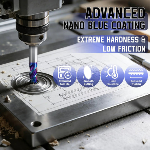 Carbide Square End Mill With Nano Blue Coating For Aluminum Copper Magnesium Alloys And Composite Materials in action on CNC machine, three flute milling, half inch shank, HRC 60 ultra hard, low friction, two pack.
