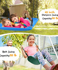 Children enjoying a backyard swing set with a 45-inch platform swing and belt swing, durable steel frame, patented design.
