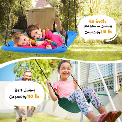 Children enjoying a backyard swing set with a 45-inch platform swing and belt swing, durable steel frame, patented design.