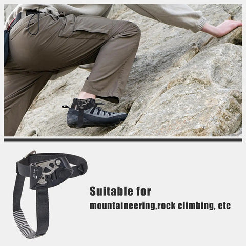 Foot Ascender for Rope Climbing and Rappelling, Lightweight Aluminum Gear in use during rock climbing demonstration.